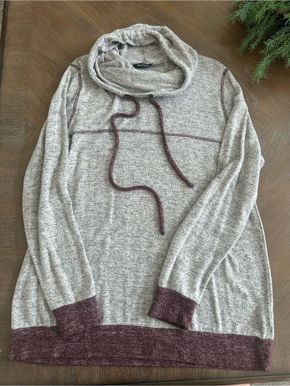 Pink Clover Gray Marled Cowl Pullover with Burgundy Accent